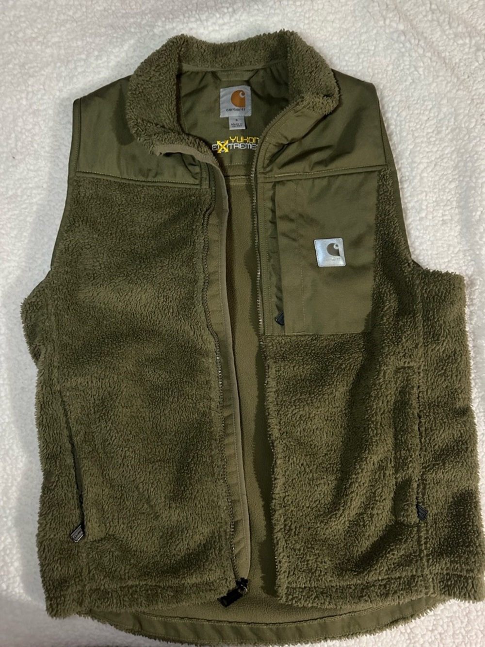 Carhartt Olive Green Sherpa-Lined Fleece Vest with Yukon Embroidery